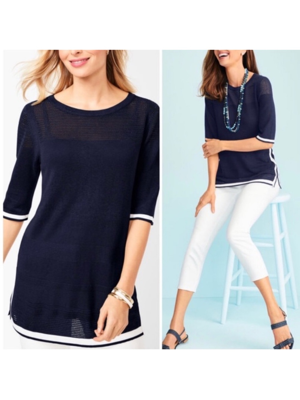 Talbots Linen Blend Navy White Tip Mesh Knit Top SZ L
